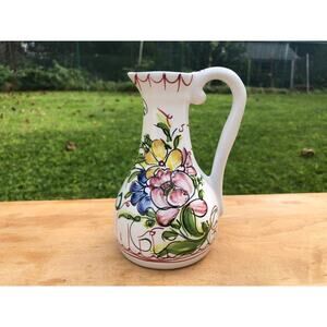 Hand Painted Ceramic Floral Design Pitcher, Portugal, Olive Oil Bottle